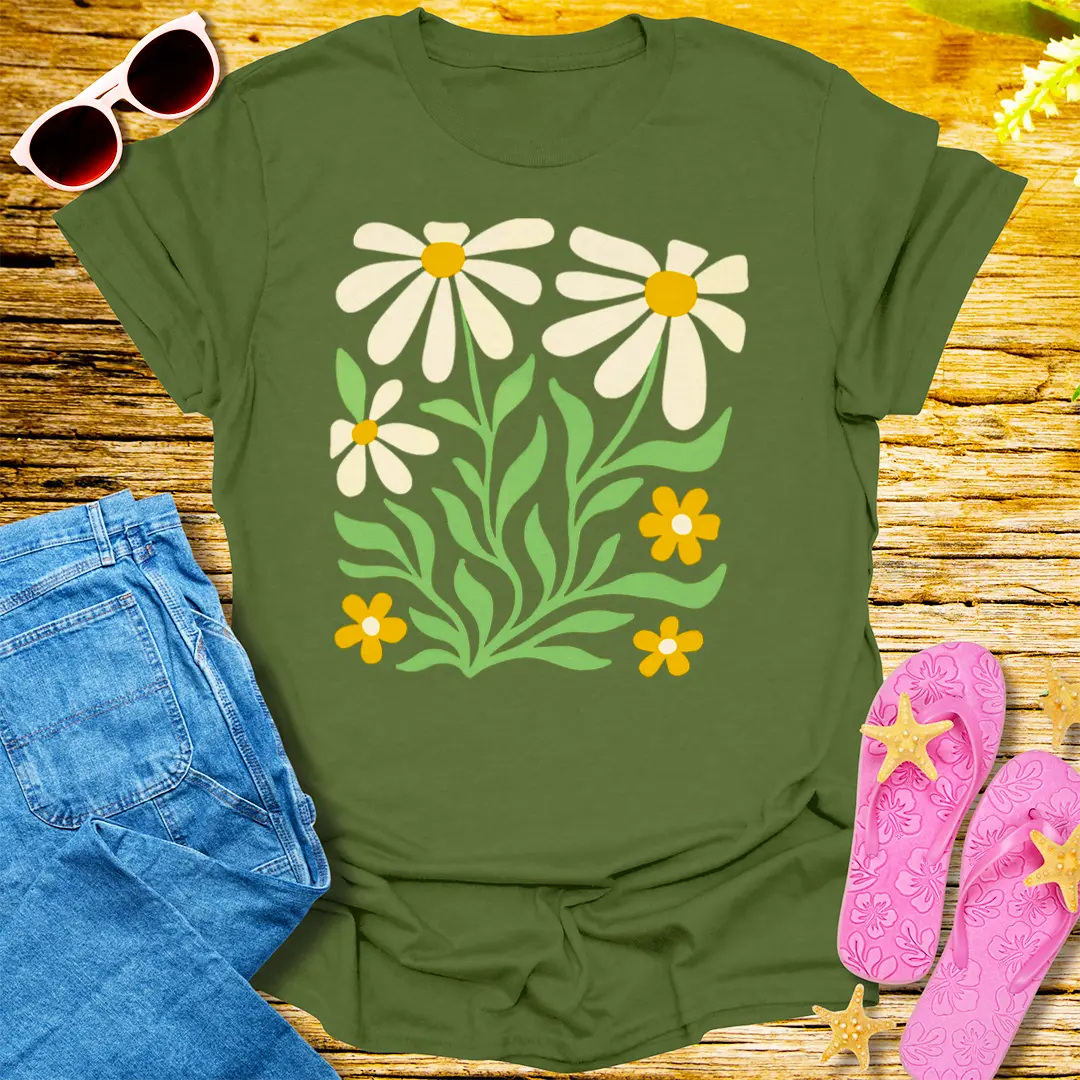 Retro Daisy Bloom T-Shirt - Military Green