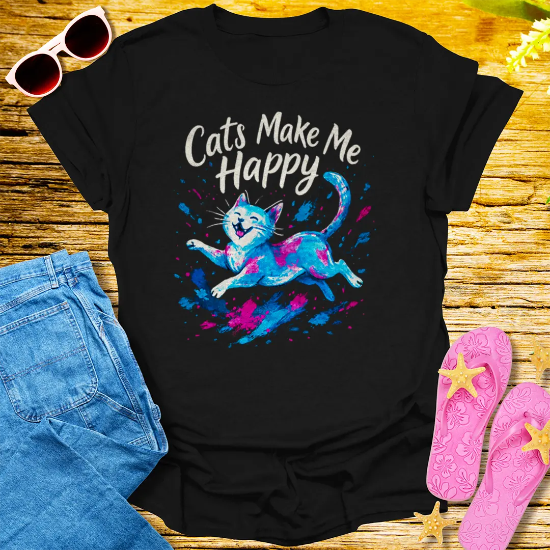 Cats Make Me Happy T-Shirt - Black