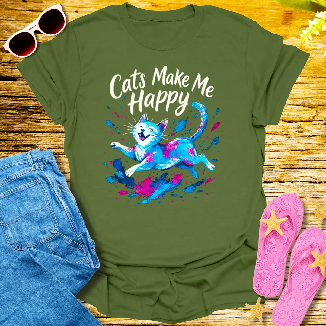 Cats Make Me Happy T-Shirt - Military Green