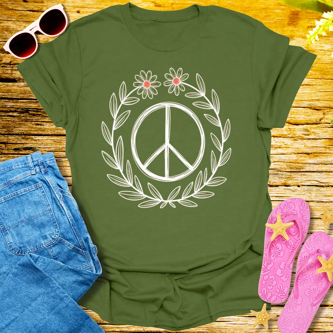 Floral Peace Wreath T-Shirt - Military Green