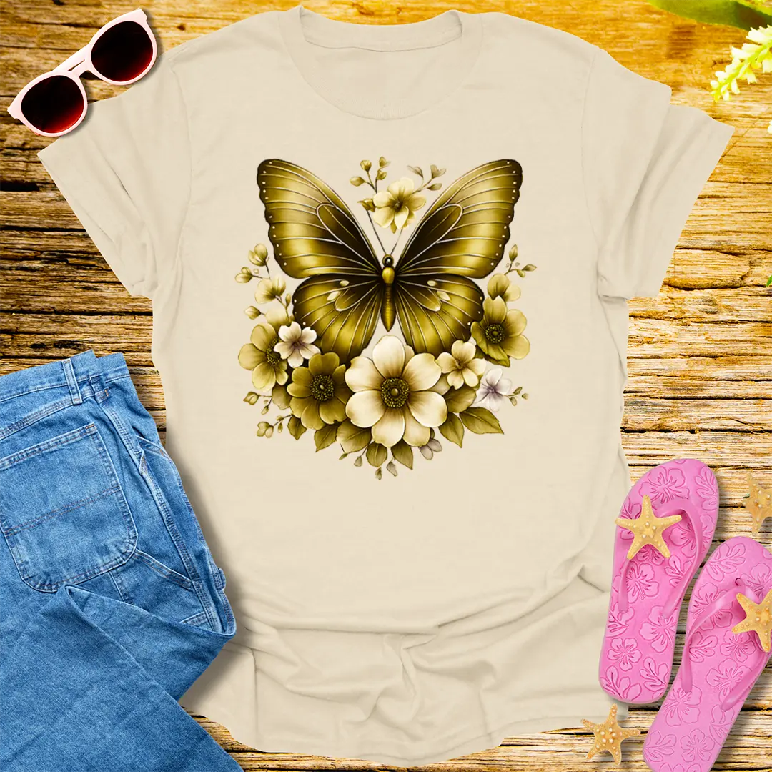 Golden Bloom Butterfly T-Shirt - Natural