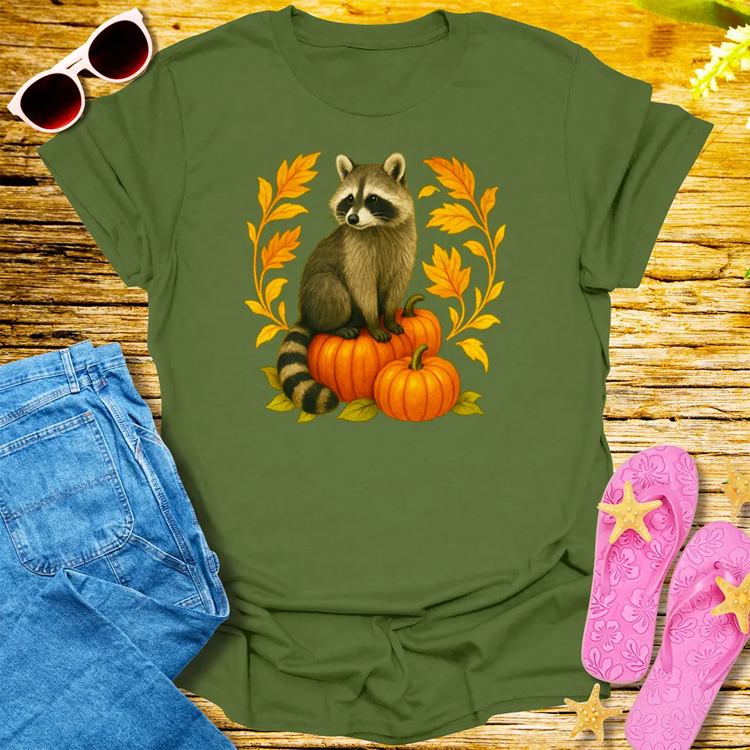 Autumn Mischief Raccoon T-Shirt - Military Green
