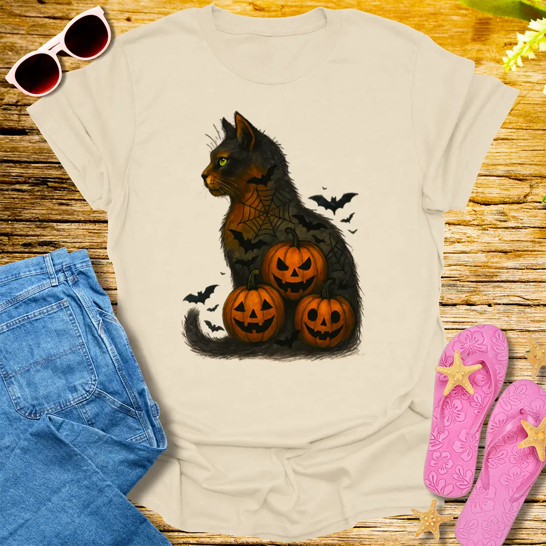 Haunted Pumpkin Cat T-Shirt - Natural