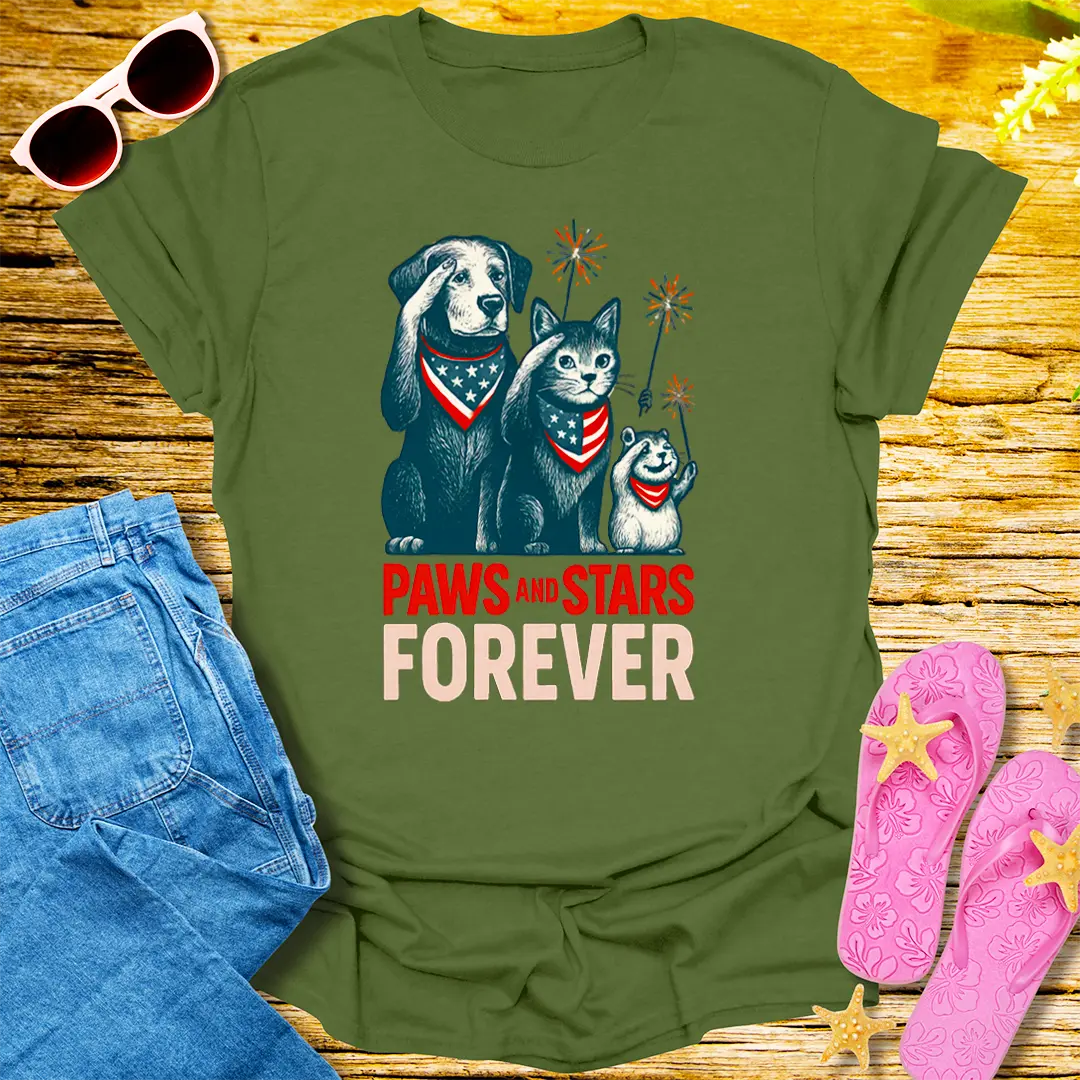 Paws and Stars Forever T-Shirt - Military Green