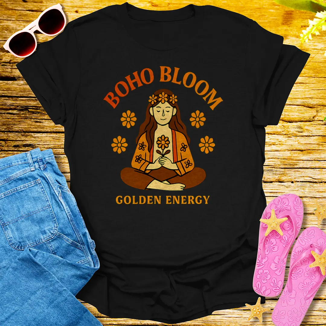 Boho Bloom Golden Energy T-Shirt - Black