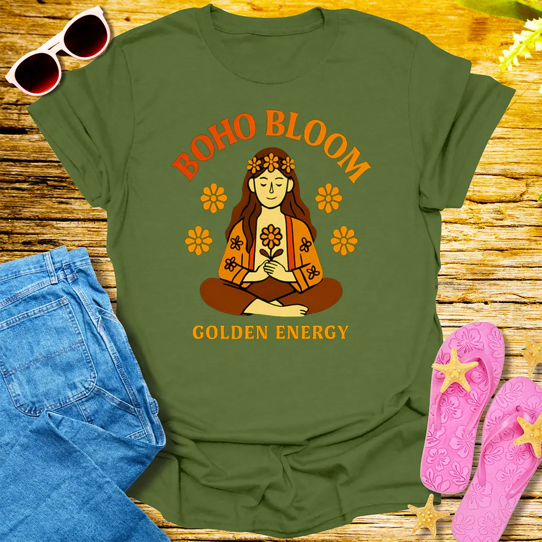 Boho Bloom Golden Energy T-Shirt - Military Green