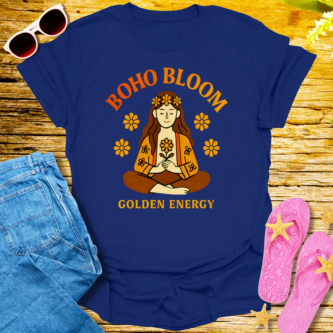 Boho Bloom Golden Energy T-Shirt - Navy