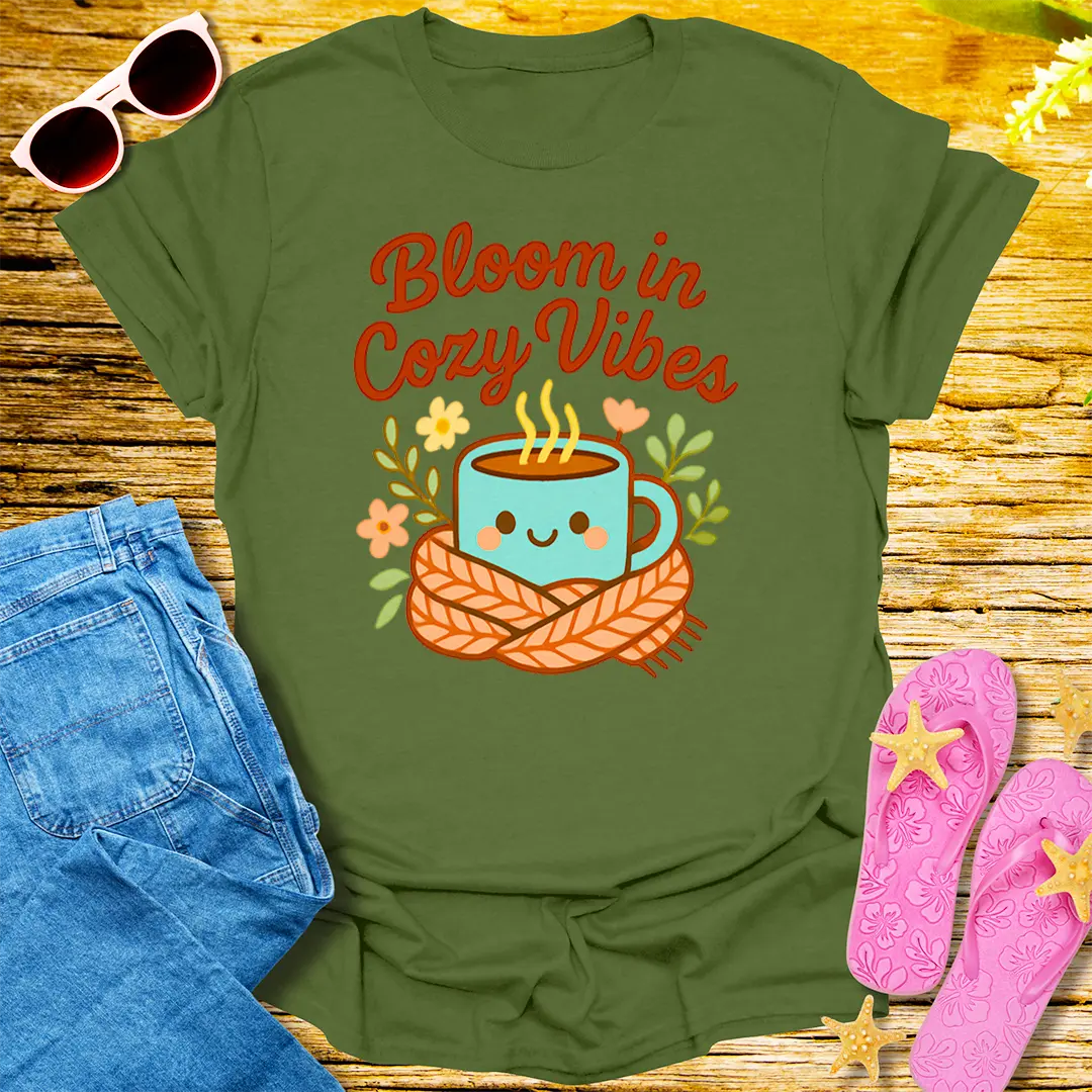 Cozy Bloom Vibes T-Shirt - Military Green