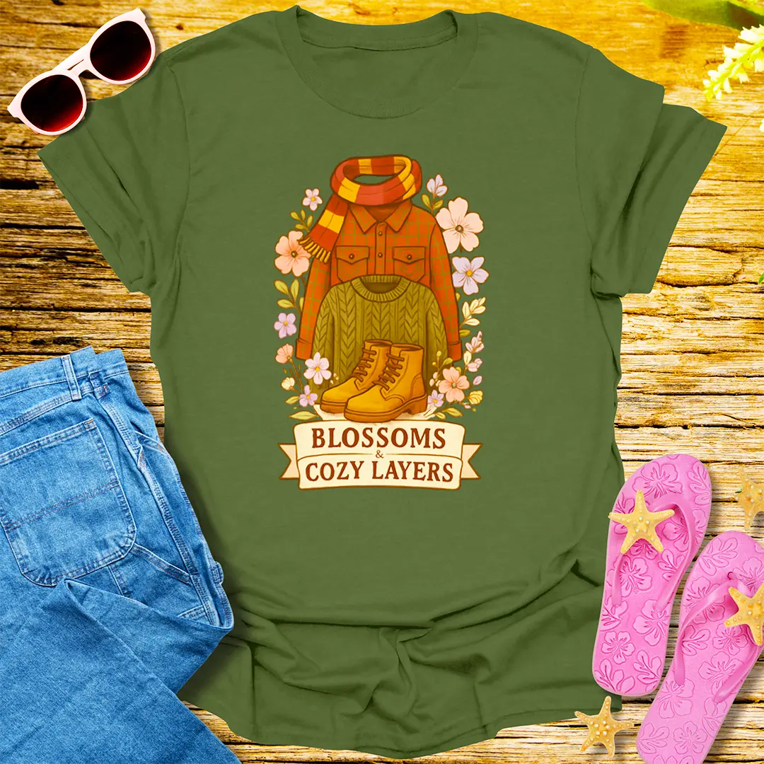 Blossoms & Cozy Layers T-Shirt - Military Green