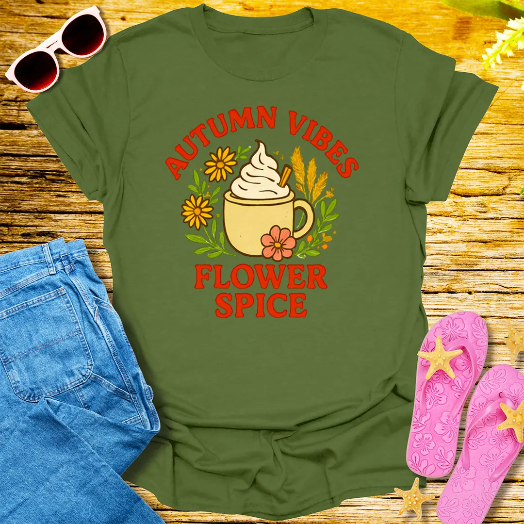 Autumn Vibes Flower Spice T-Shirt - Military Green