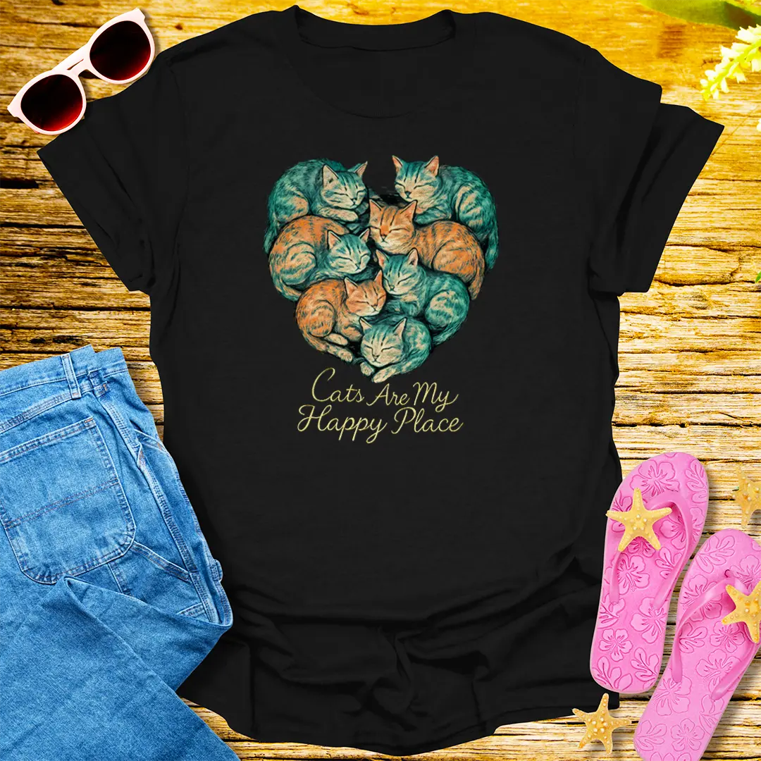 Cats Are My Happy Place T-Shirt - Black