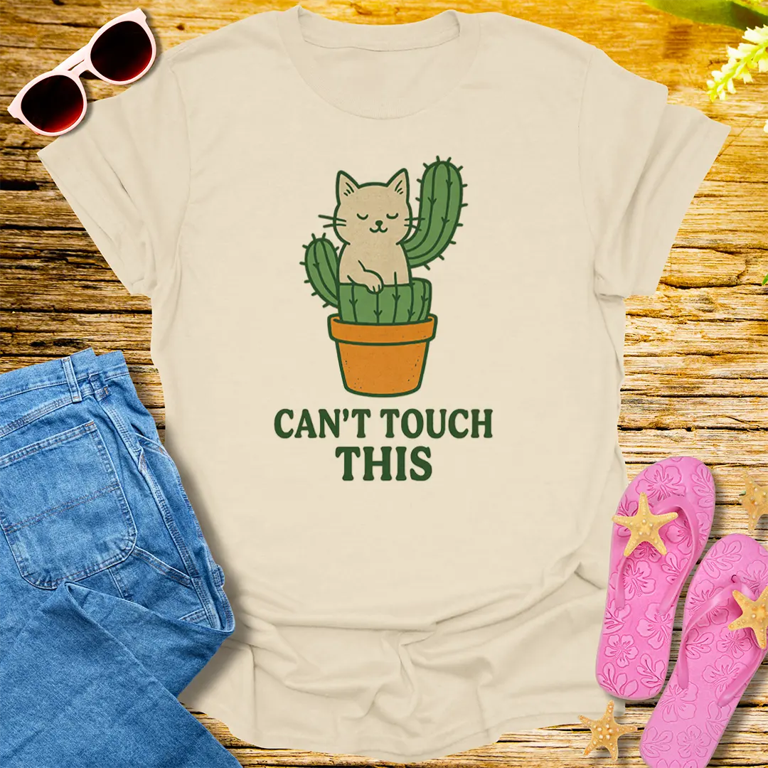Can't Touch This Cat Cactus T-Shirt - Natural