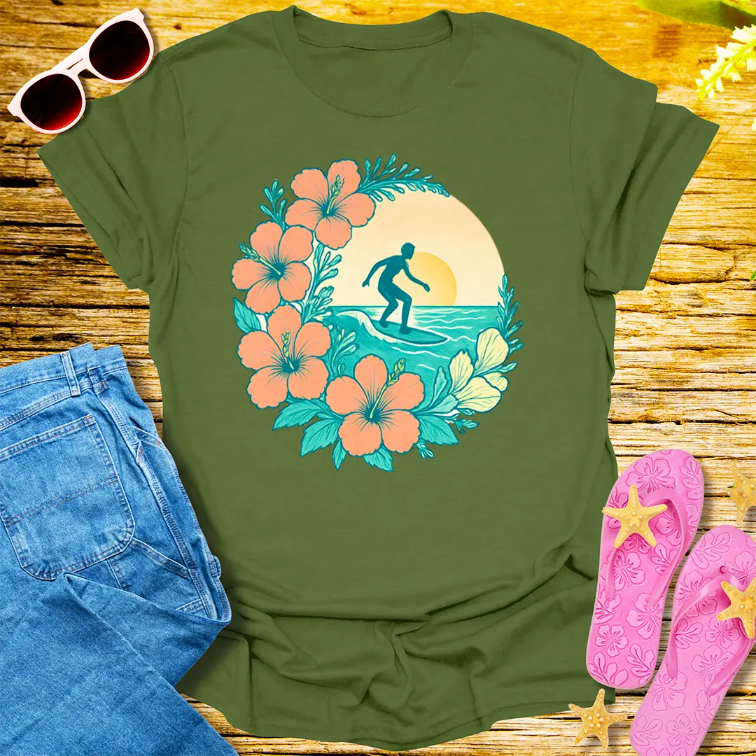 Sunset Surfer Bloom T-Shirt - Military Green