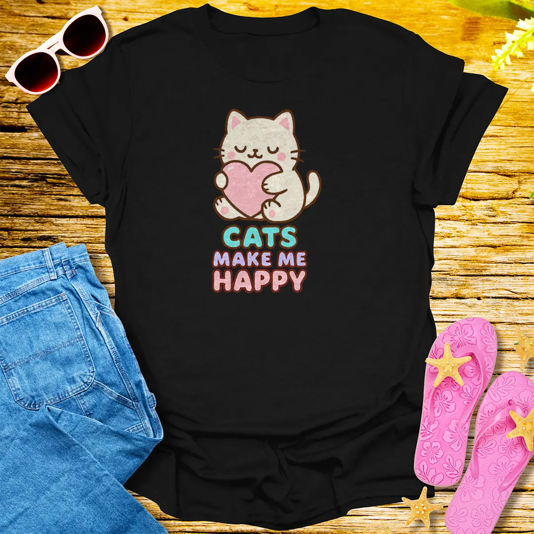 Cats Make Me Happy T-Shirt - Black