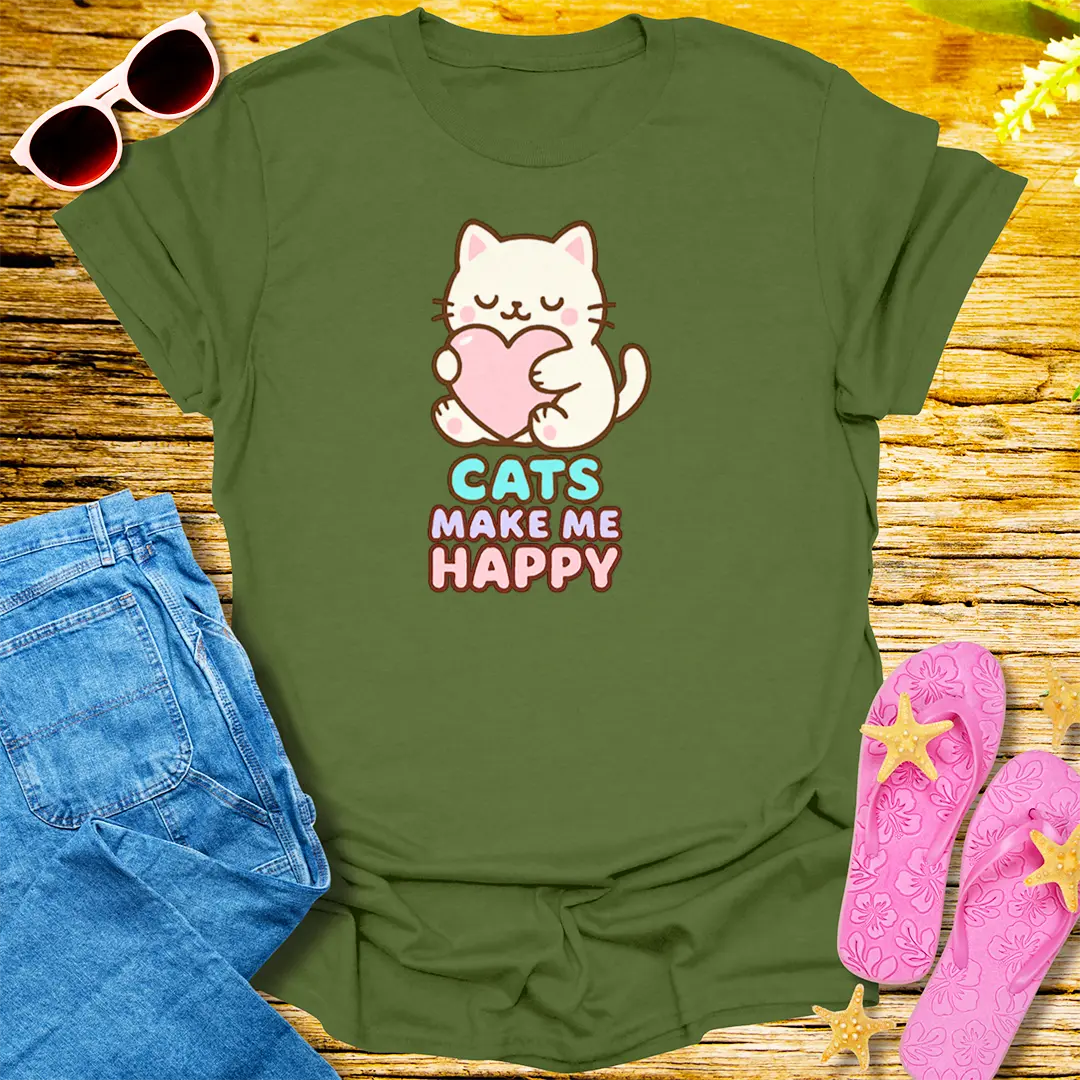 Cats Make Me Happy T-Shirt - Military Green
