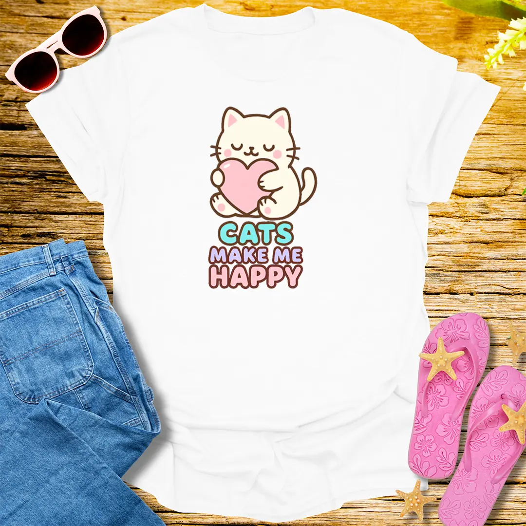 Cats Make Me Happy T-Shirt - White