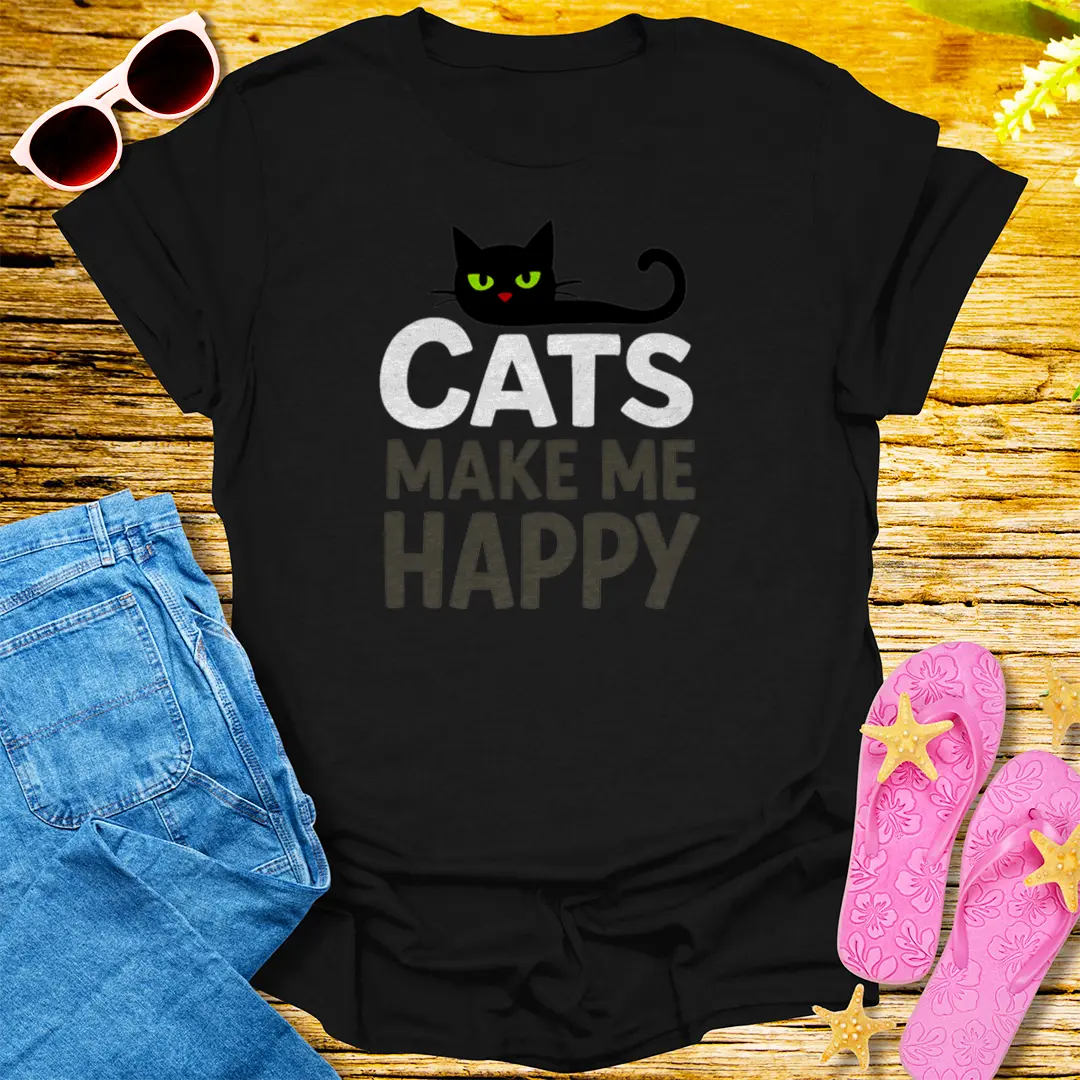 Cats Make Me Happy T-Shirt - Black