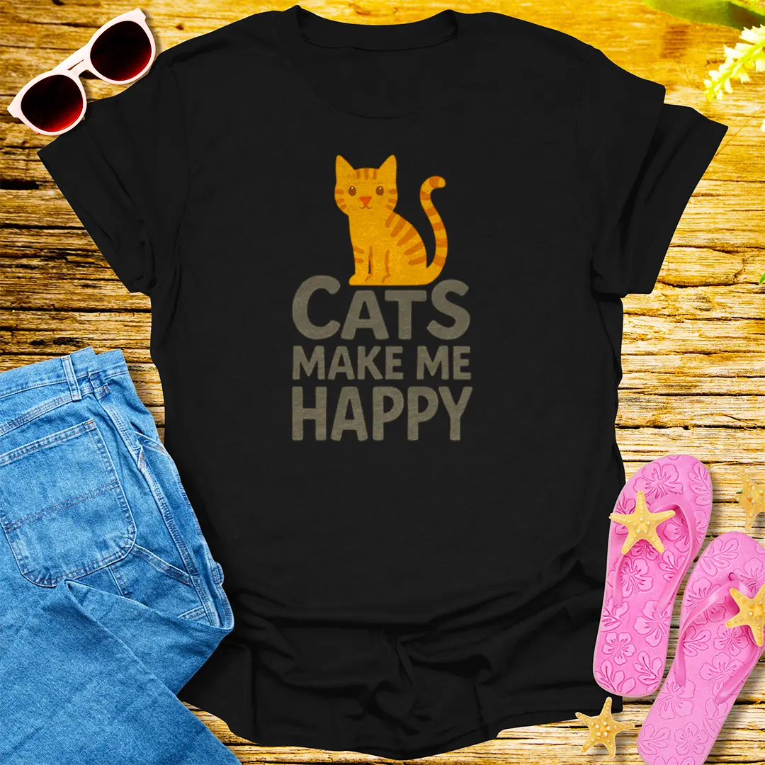 Cats Make Me Happy T-Shirt - Black