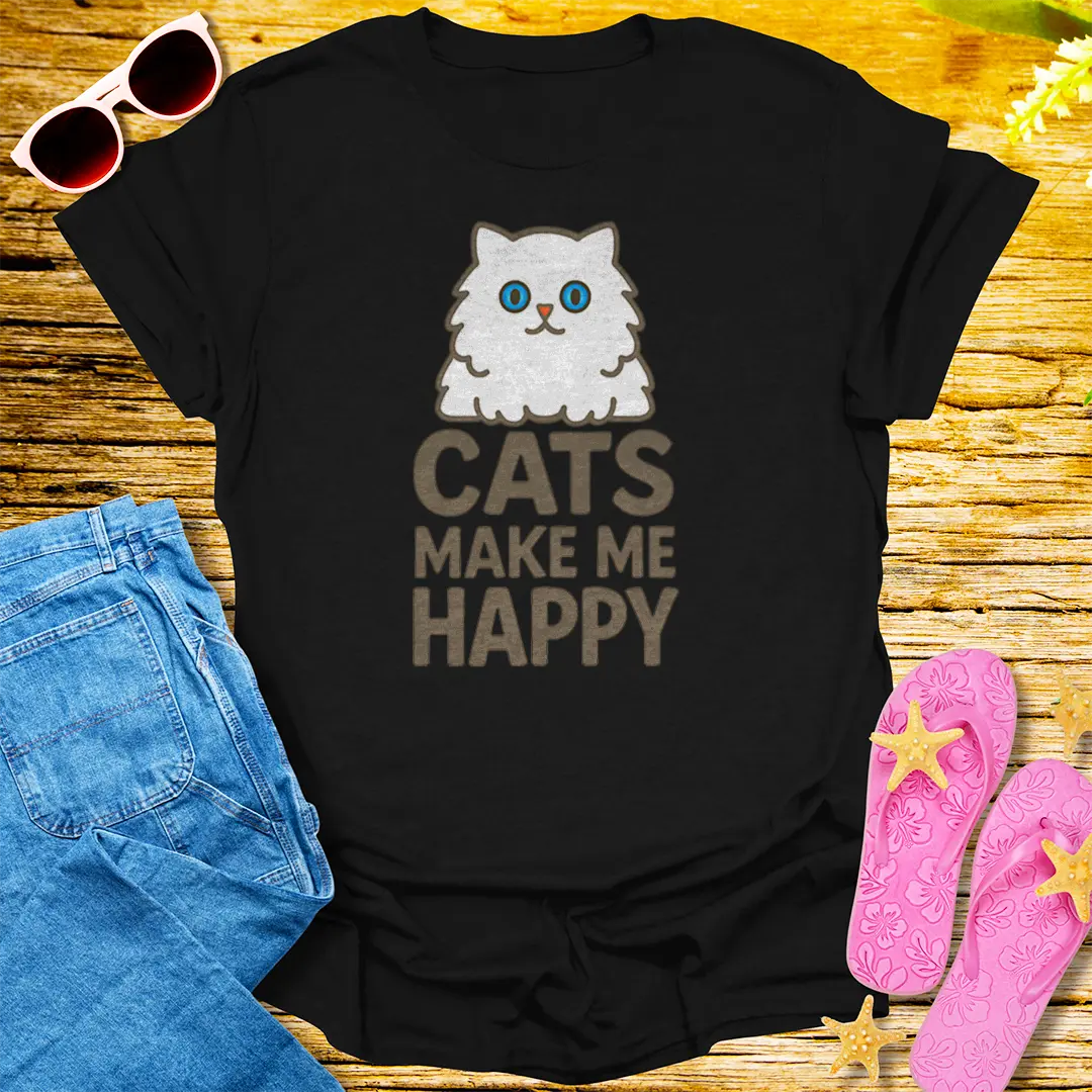 Cats Make Me Happy T-Shirt - Black