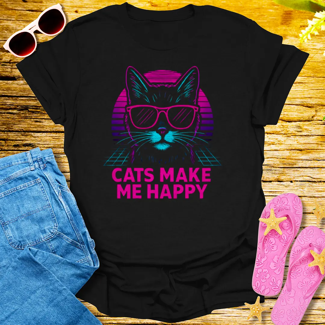 Cats Make Me Happy T-Shirt - Black