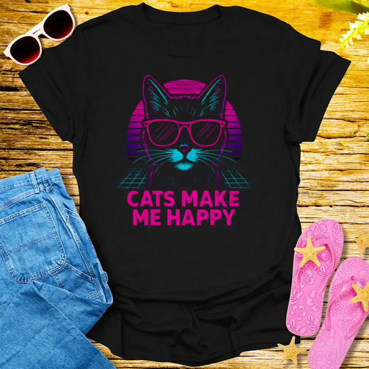 Cats Make Me Happy T-Shirt - Black