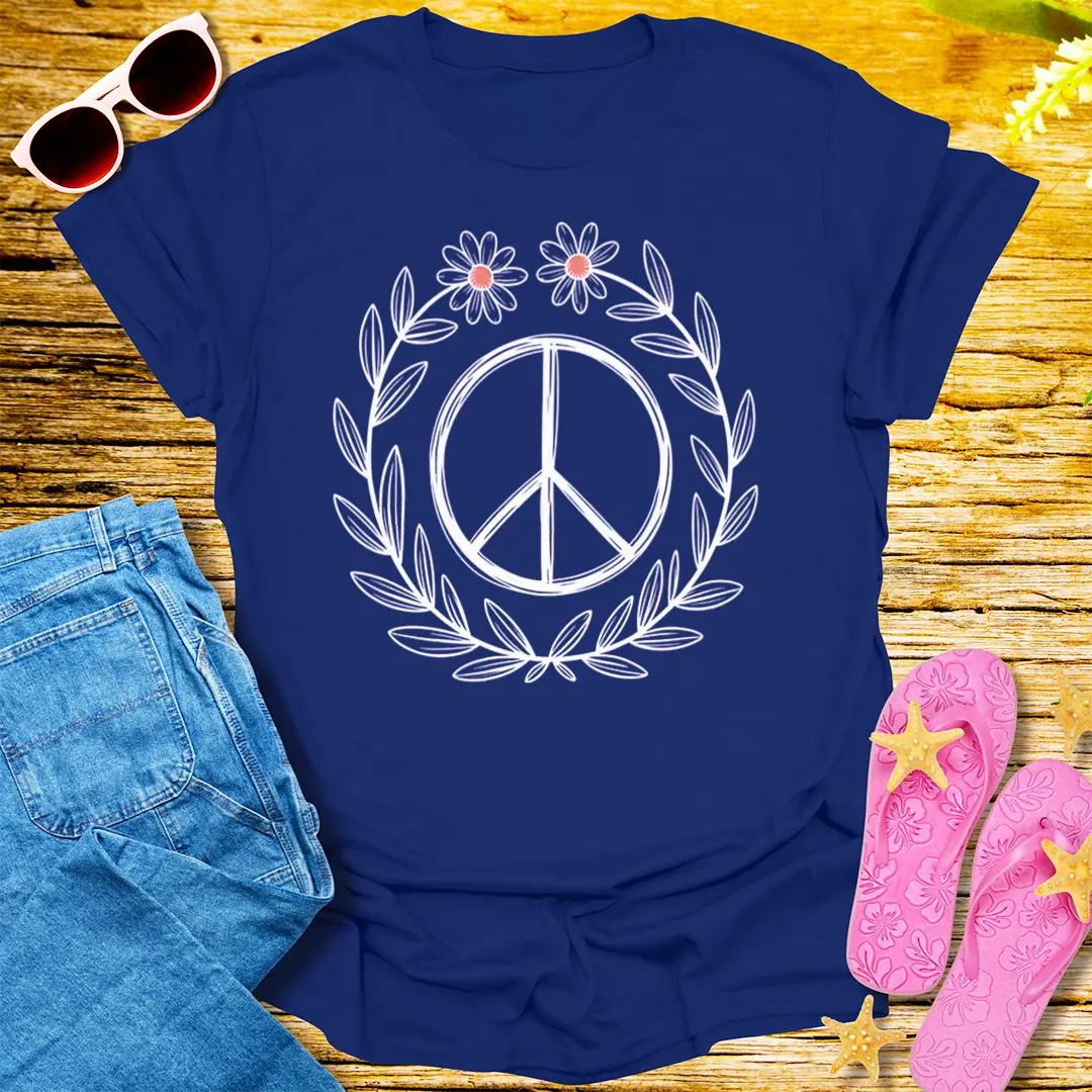 Floral Peace Wreath T-Shirt - Navy