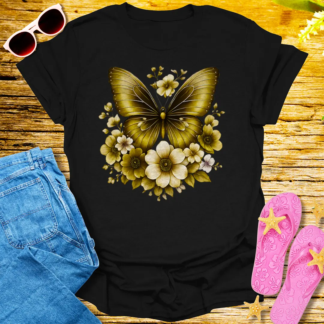 Golden Bloom Butterfly T-Shirt - Black
