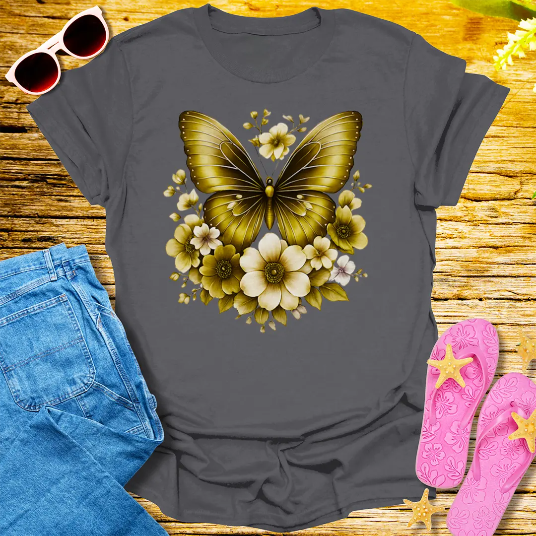 Golden Bloom Butterfly T-Shirt - Charcoal