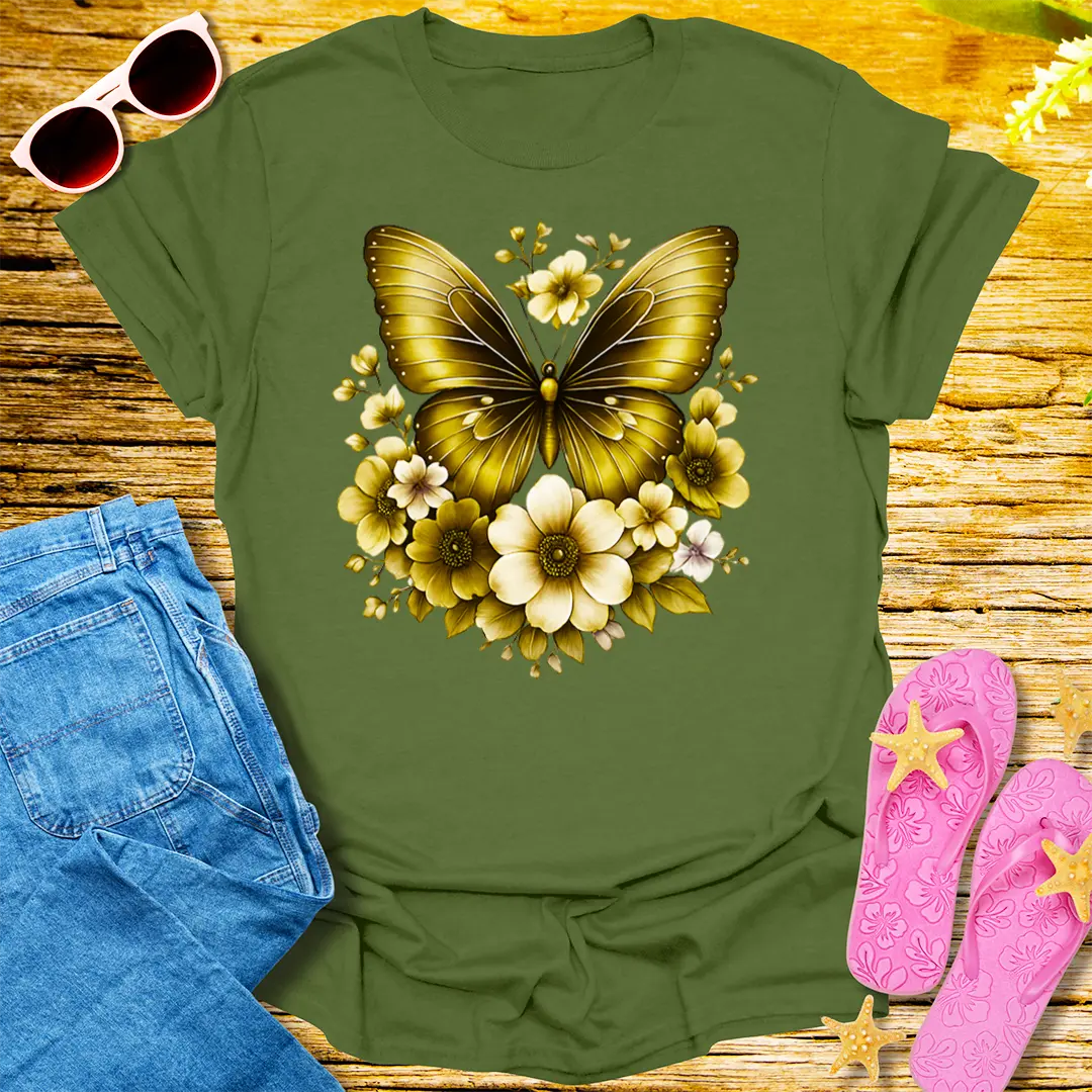 Golden Bloom Butterfly T-Shirt - Military Green