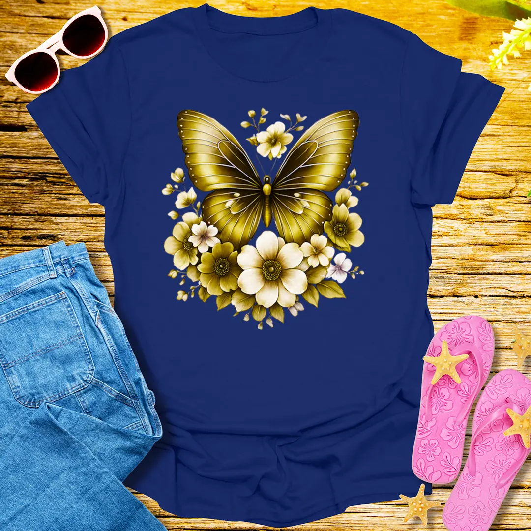 Golden Bloom Butterfly T-Shirt - Navy