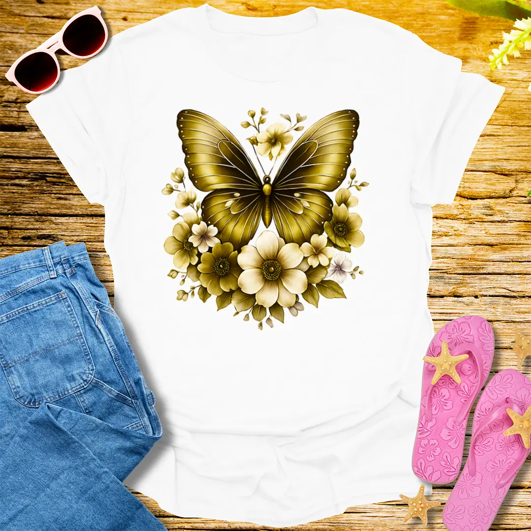 Golden Bloom Butterfly T-Shirt - White