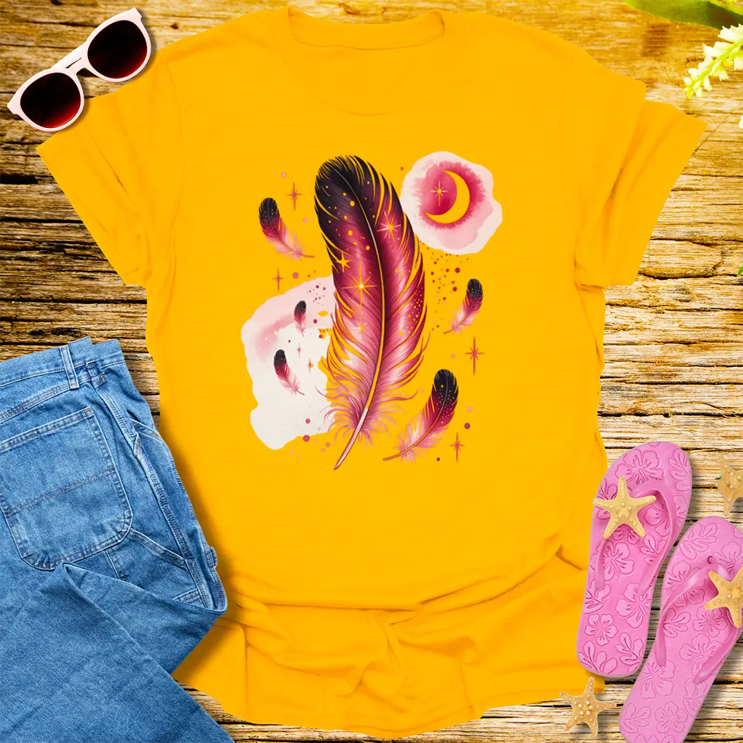 Celestial Feather Dreams T-Shirt - Gold