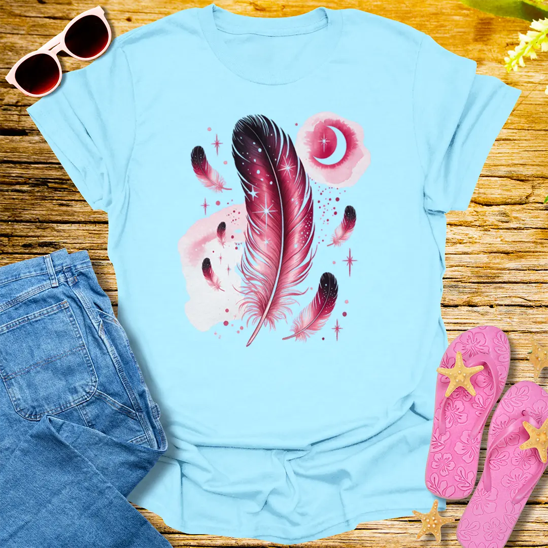 Celestial Feather Dreams T-Shirt - Light Blue