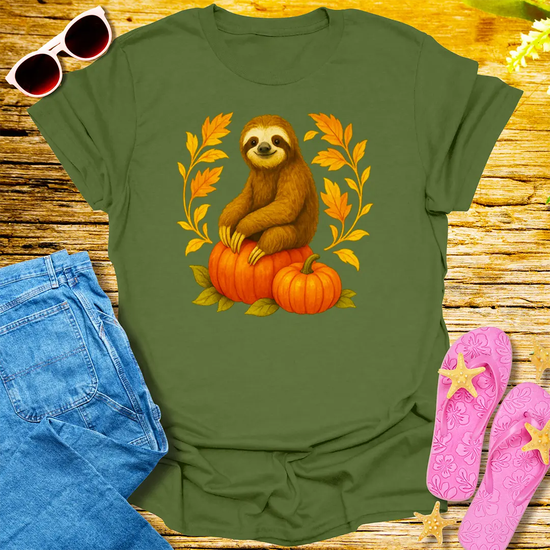 Pumpkin Snuggle Sloth T-Shirt - Military Green