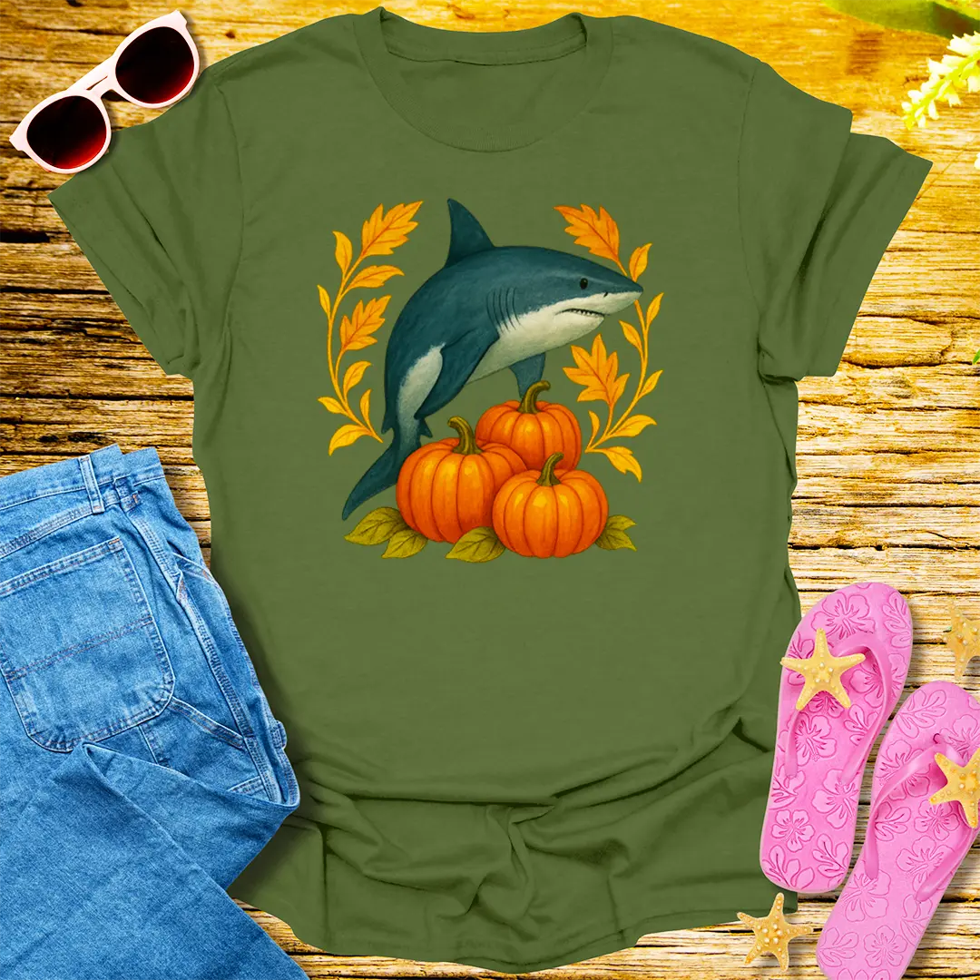Pumpkin Shark Harvest T-Shirt - Military Green