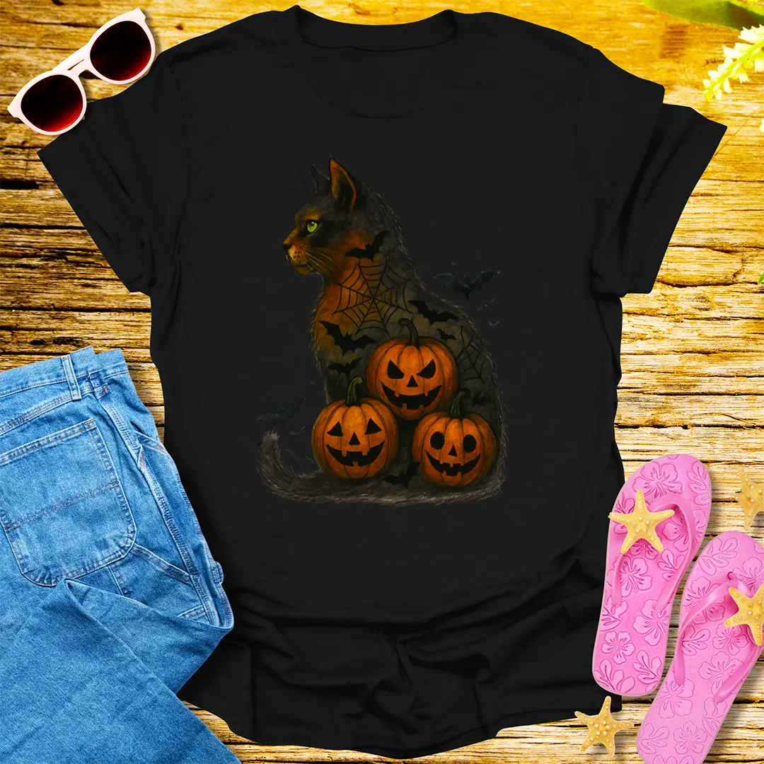 Haunted Pumpkin Cat T-Shirt - Black