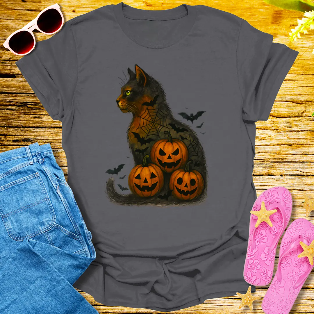 Haunted Pumpkin Cat T-Shirt - Charcoal