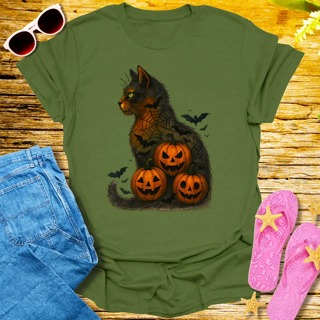 Haunted Pumpkin Cat T-Shirt - Military Green