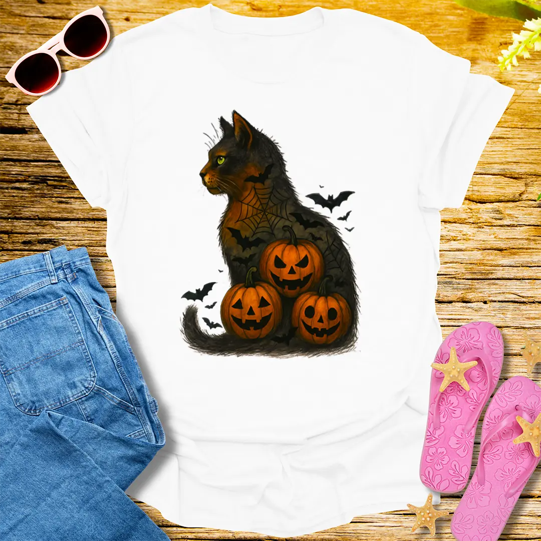 Haunted Pumpkin Cat T-Shirt - White