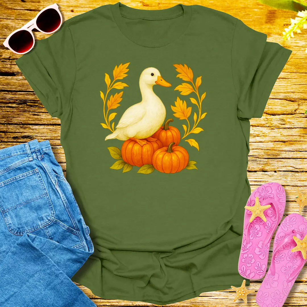 Autumn Duck & Pumpkins T-Shirt - Military Green