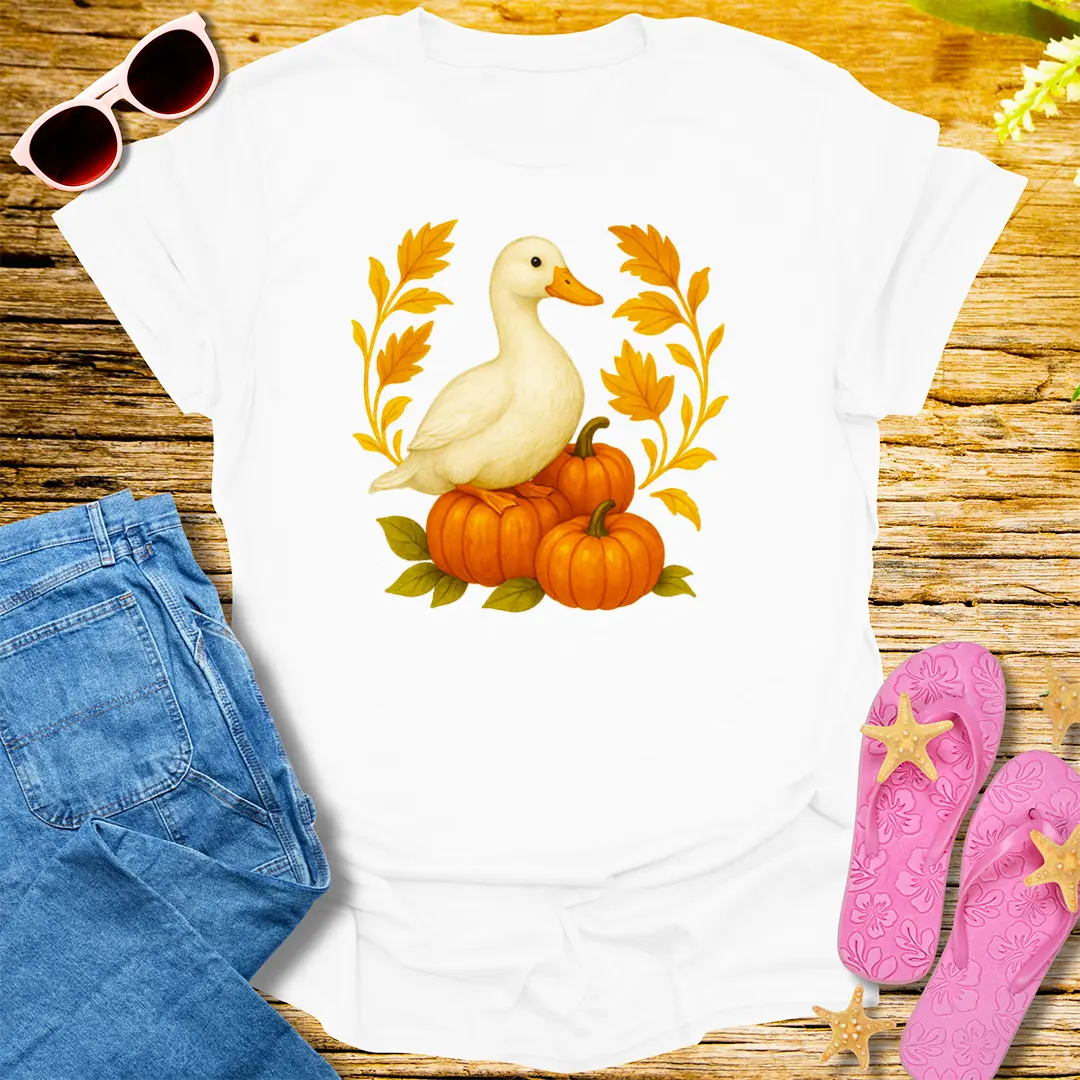 Autumn Duck & Pumpkins T-Shirt - White