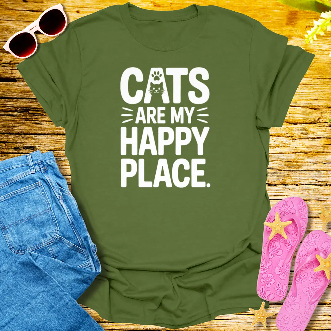 Cats Are My Happy Place T-Shirt - Military Green