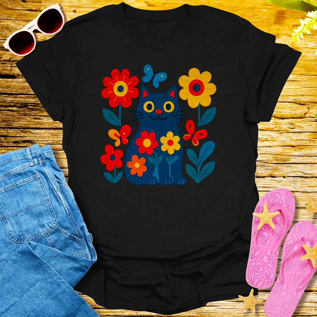 Floral Feline Joy T-Shirt - Black