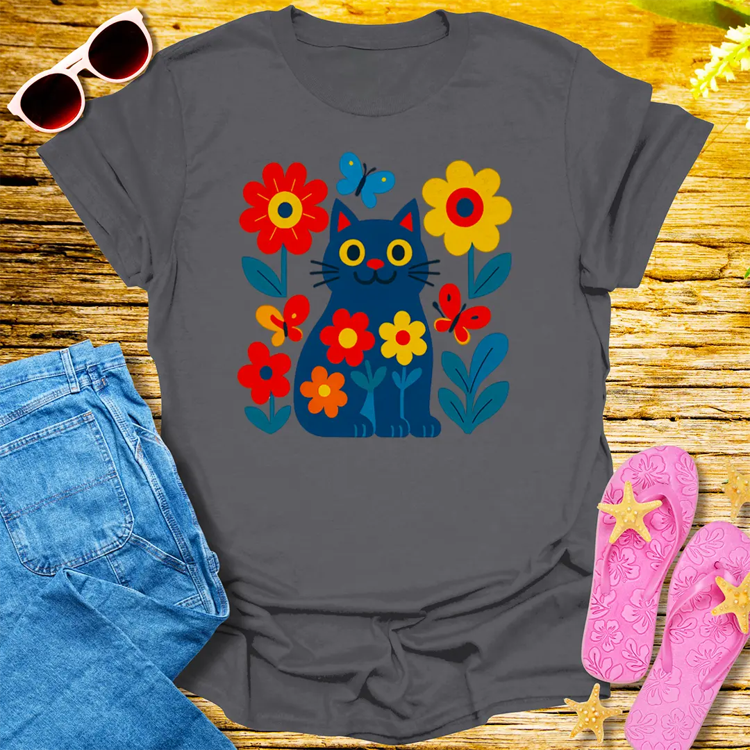 Floral Feline Joy T-Shirt - Charcoal