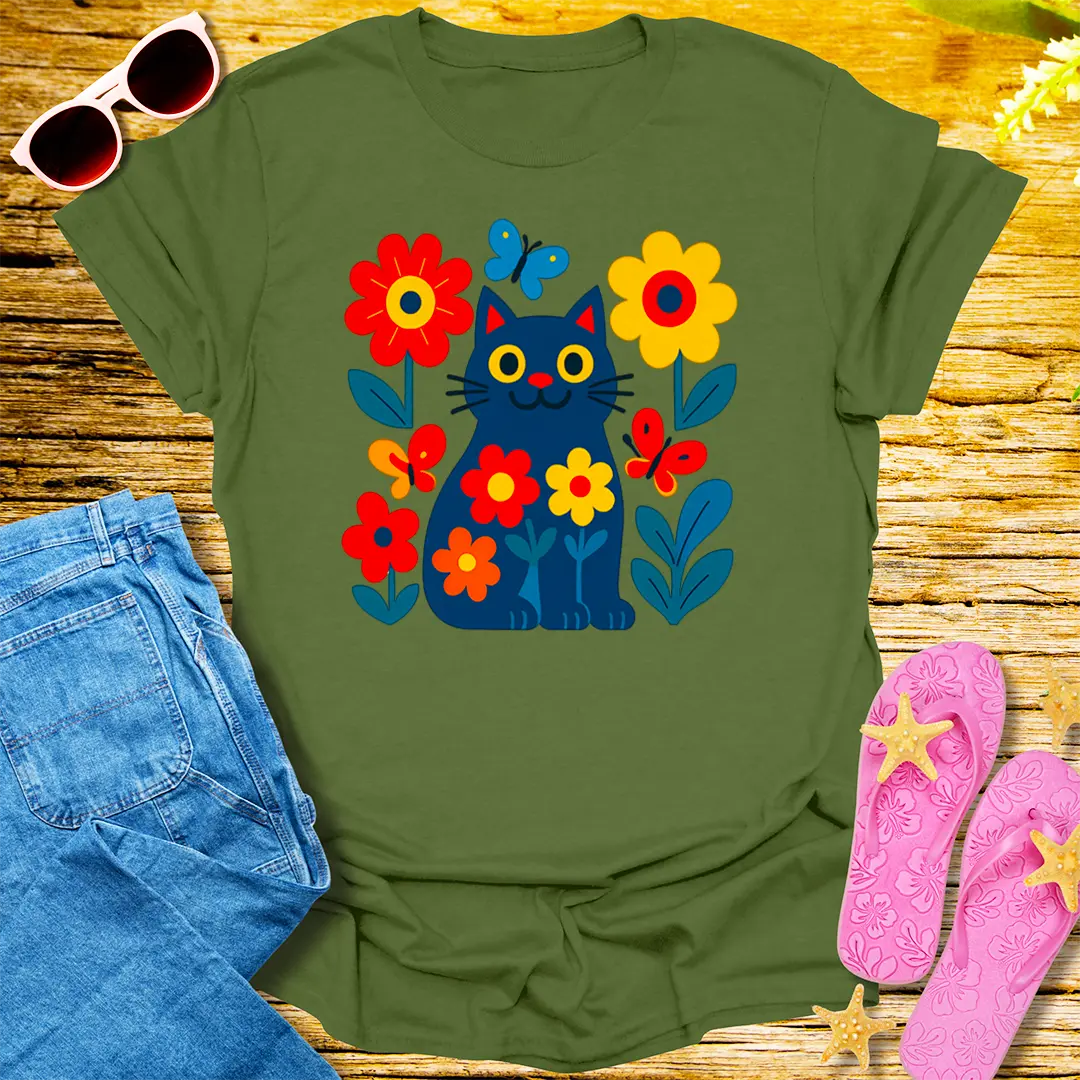 Floral Feline Joy T-Shirt - Military Green