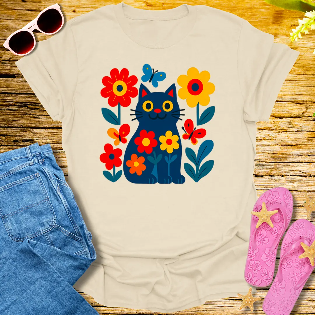 Floral Feline Joy T-Shirt - Natural