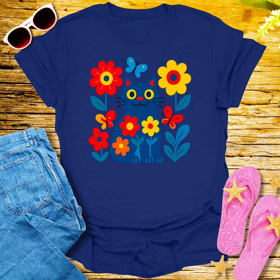 Floral Feline Joy T-Shirt - Navy