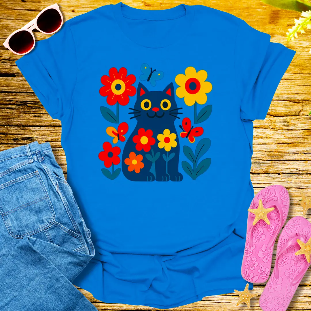 Floral Feline Joy T-Shirt - Royal