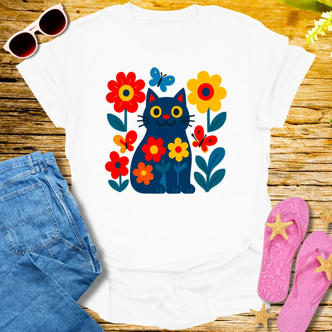 Floral Feline Joy T-Shirt - White
