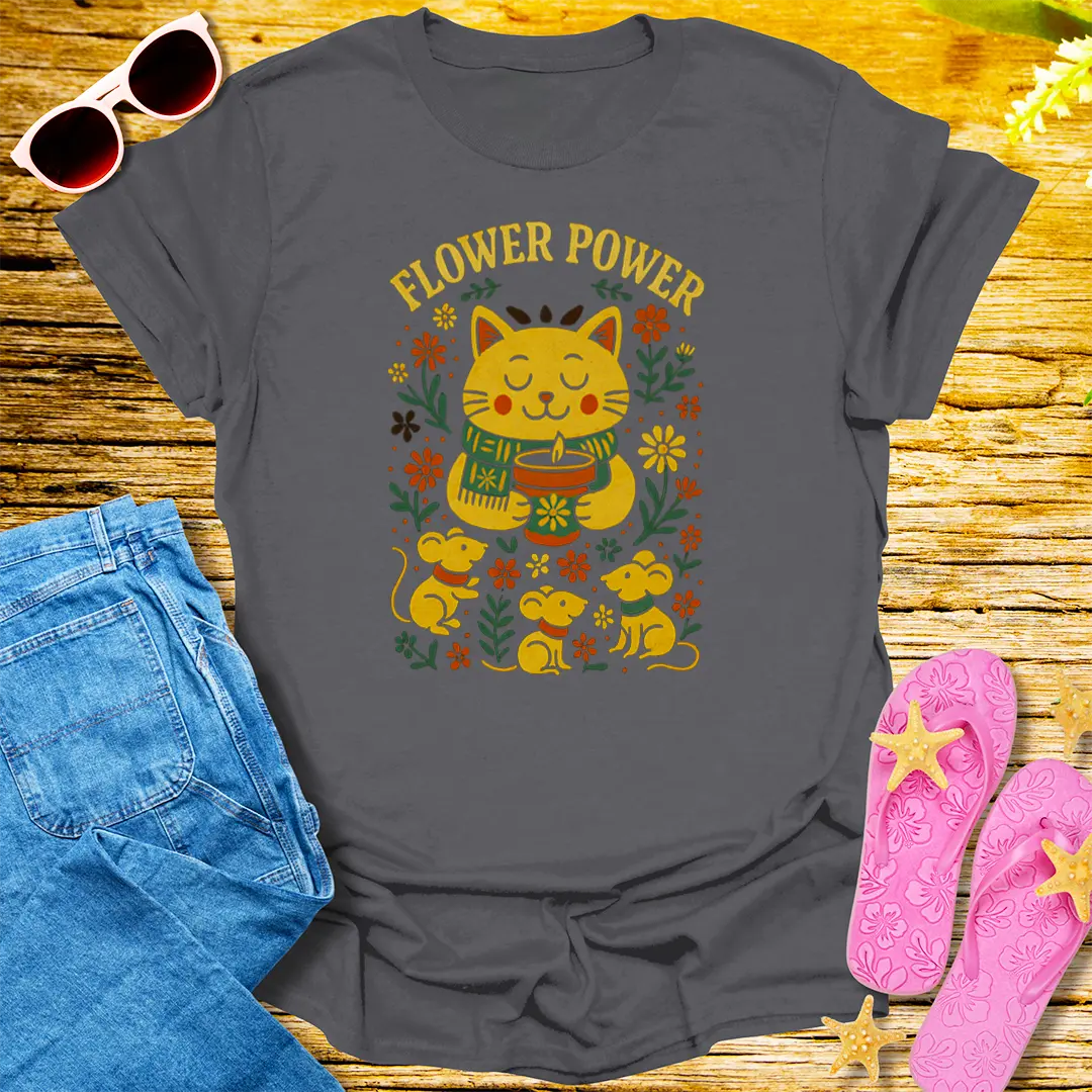 Flower Power Cat T-Shirt - Charcoal
